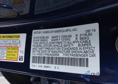 2018 Honda Accord Ex from USA, damaged, VIN 1HGCV1F44JA226506